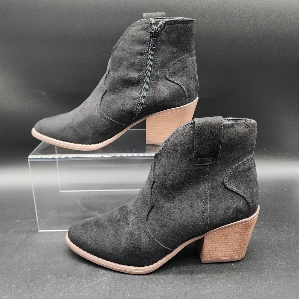 Sugar 8.5 Black SGR-TORCH Western Ankle Booties Faux Suede Stacked Block Heel